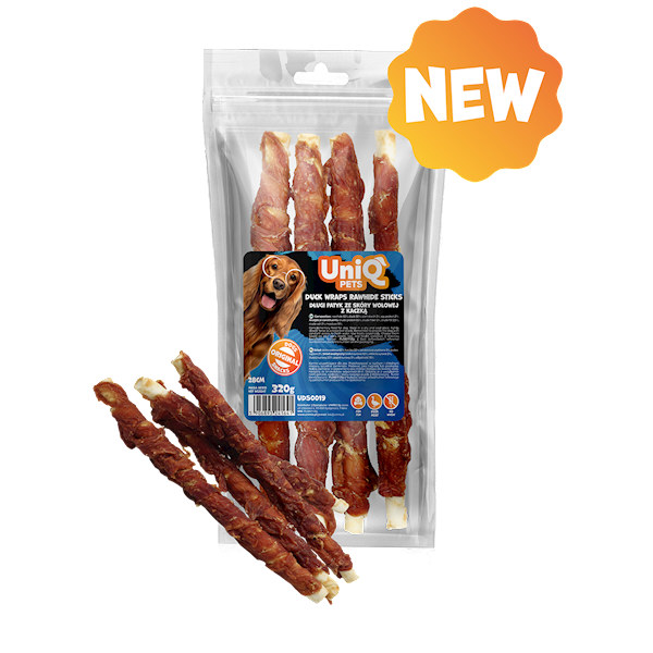 UNIQ PETS RAWHIDE DŁUGIE PATYKI ZE SKÓRY WOŁOWEJ Z KACZKĄ 28CM 320G