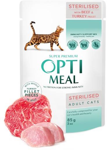 OPTIMEAL CAT WOŁOWINA I FILET Z INDYKA W GALARECIE STERILISED 85G