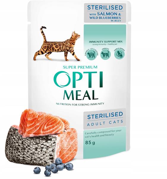 OPTIMEAL CAT STERILISED ŁOSOŚ Z CZARNYMI JAGODAMI W GALARETCE 85G 