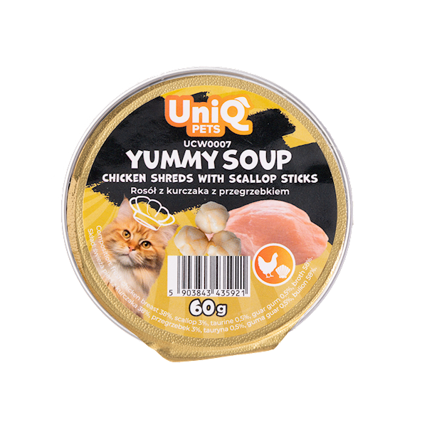 UNIQ PETS YUMMY SOUP ROSÓŁ Z KAWAŁKAMI KURCZAKA I PALUSZKAMI Z PRZEGRZEBKÓW 60G