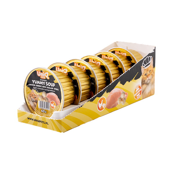 UNIQ PETS YUMMY SOUP ROSÓŁ Z KAWAŁKAMI KURCZAKA I PALUSZKAMI Z PRZEGRZEBKÓW 60G