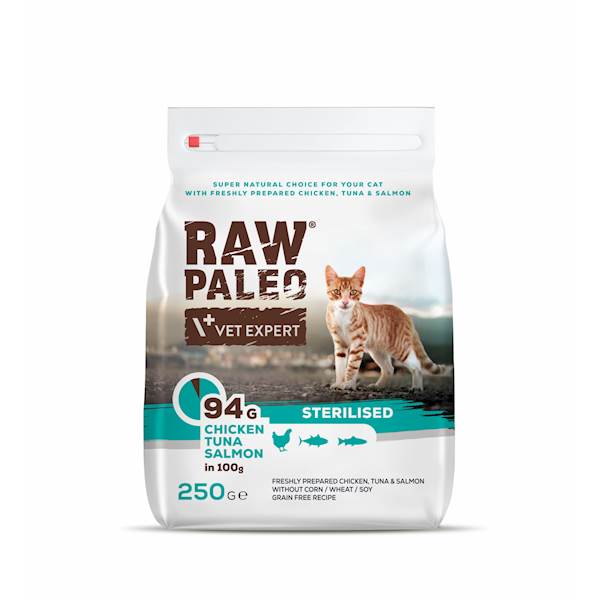 VET EXPERT RAW PALEO CAT STERILISED CHICKEN&TUNA&SALMON 250G