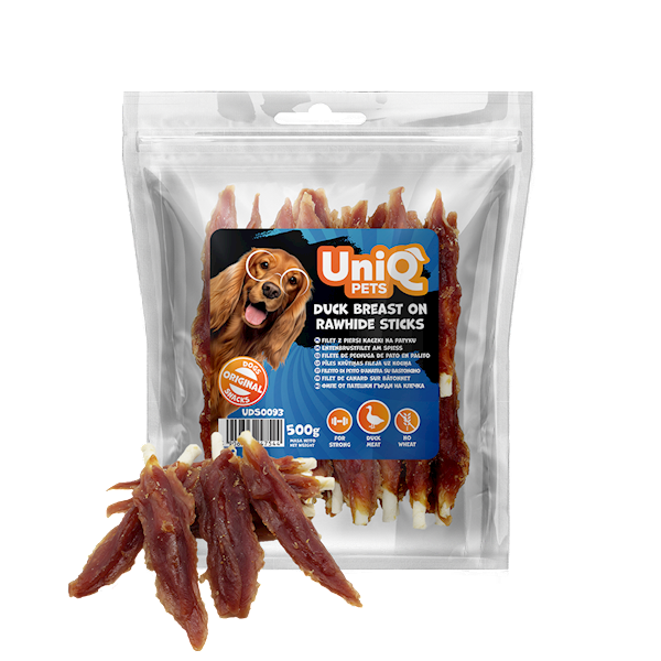 UNIQ PETS MEATY FILETY Z PIERSI KACZKI NA PATYKU 500G