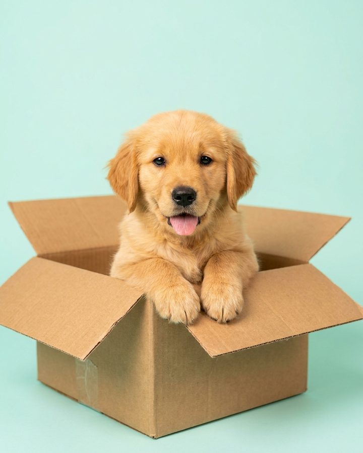 Szczeniak golden retrievera wygląda z kartonowej paczki