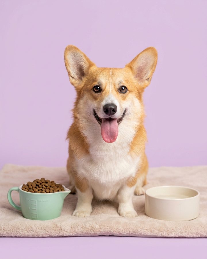 Uśmiechnięty corgi siedzi obok miarki z suchą karmą i miski