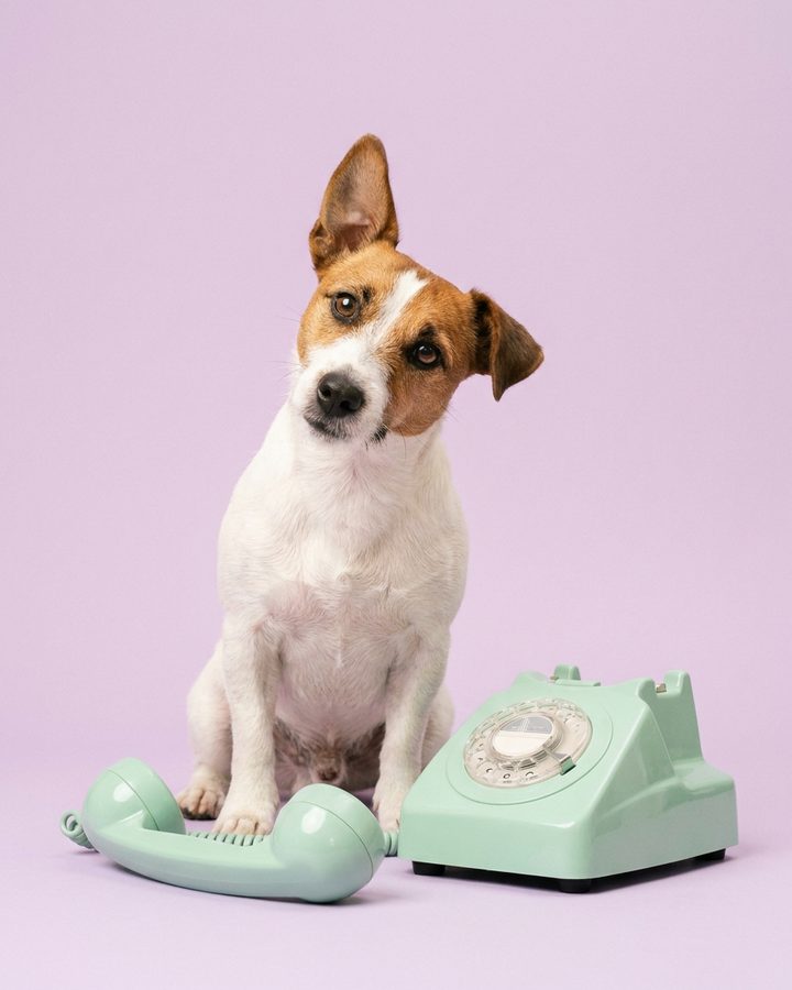 Jack Russell terier z przechyloną głową siedzi obok miętowego telefonu