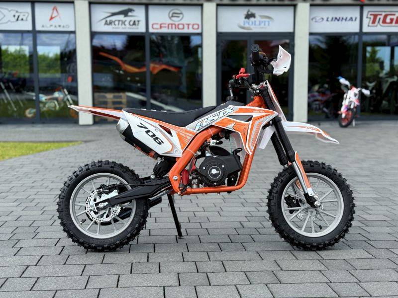 MINI CROSS ASIX 706 50CC 10/10 2T E-ST • Rodzaj skrzyni: Automat • Kolor: Biało/pomarańczowy