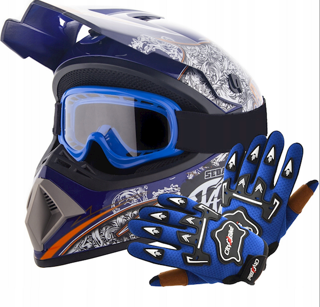 KASK JUNIOR WL-801A TATAN NIEBIESKI L + RĘKAWICE NIEBIESKIE L + GOGLE NIEBIESKIE
