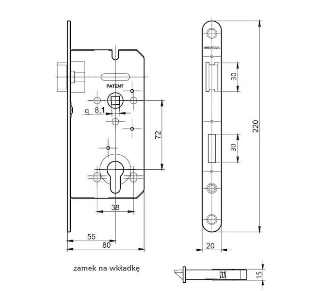 Zamek wpuszczany Gerda 72/55 wc ZW 100 uniwersalny ocynk srebrny