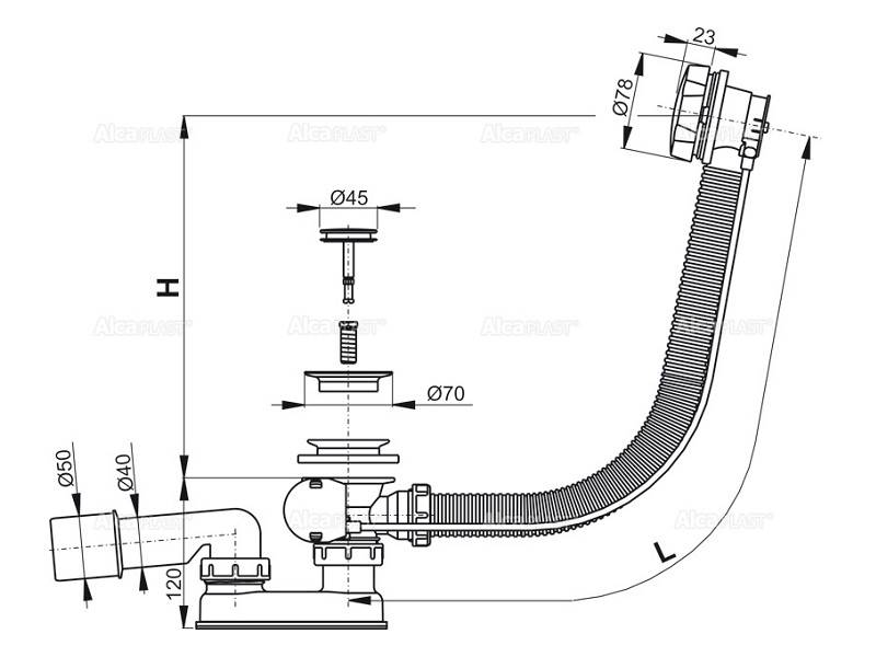 Syfon wanny automat A55K metal mały Alcaplast