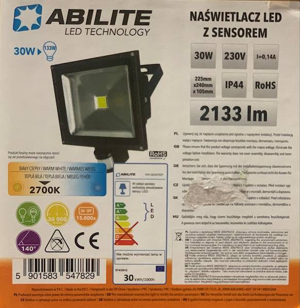 ABILITE Naświetlacz LED  30W IP44 Ciepły Czujka