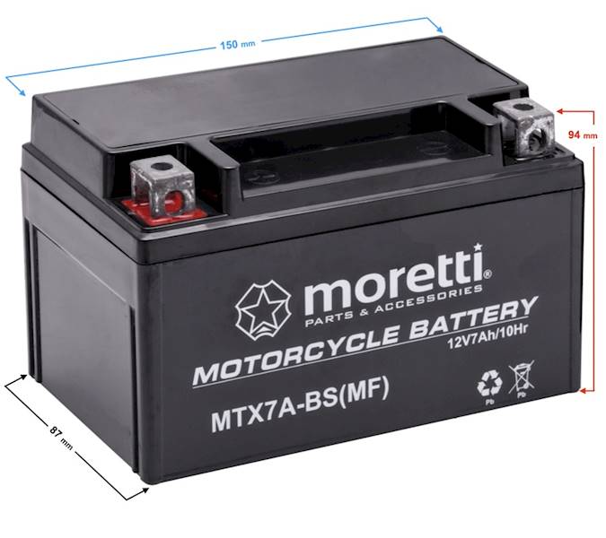 AKUMULATOR MOTOCYKLOWY MORETTI AGM (GEL) 7Ah MTX7A-BS YTX7A YTX7A-BS FTX 7A-BS GTXT-BS CBTX7-BS