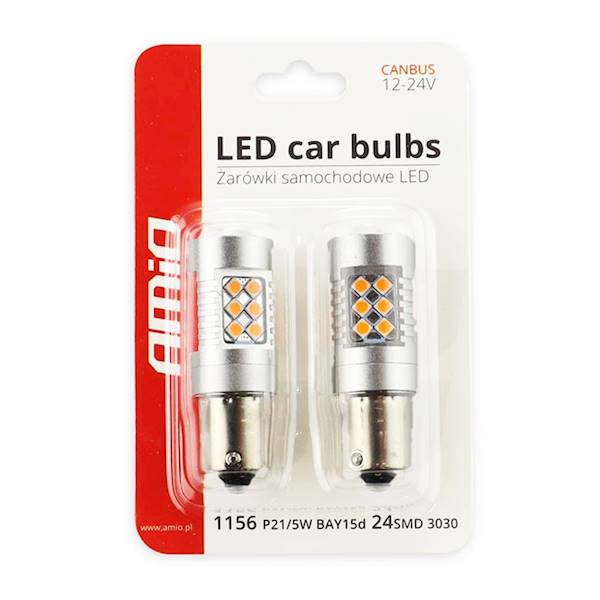 ŻARÓWKI LED AMIO 12-24V MIGACZ CZERWONY CANBUS PY21W 02580