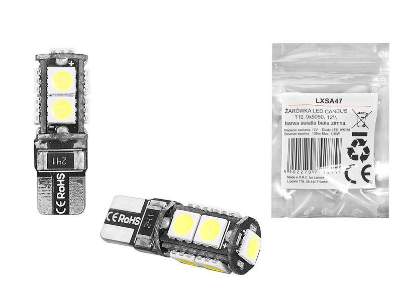 ŻARÓWKA LED CANBUS T10 9x5050 12V BIAŁA ZIMNA 