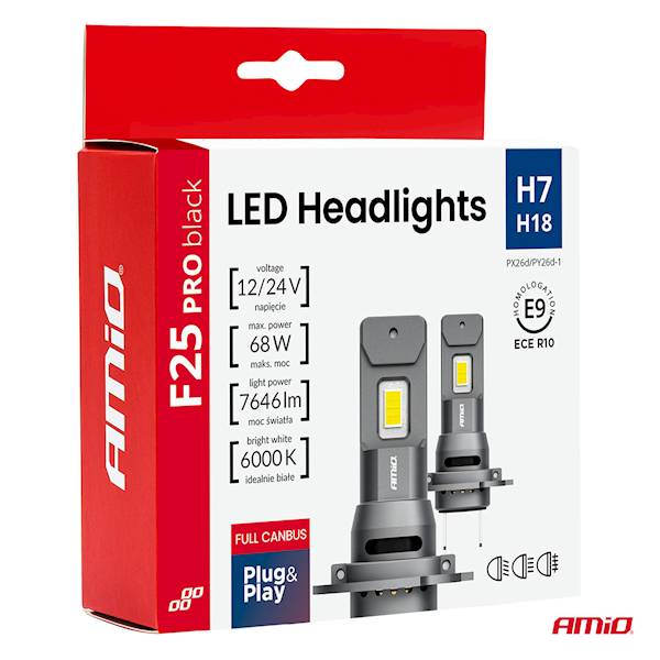 ŻARÓWKA AMIO H7 H18 F25 LED PRO BLACK FULL CANBUS 12V/24V