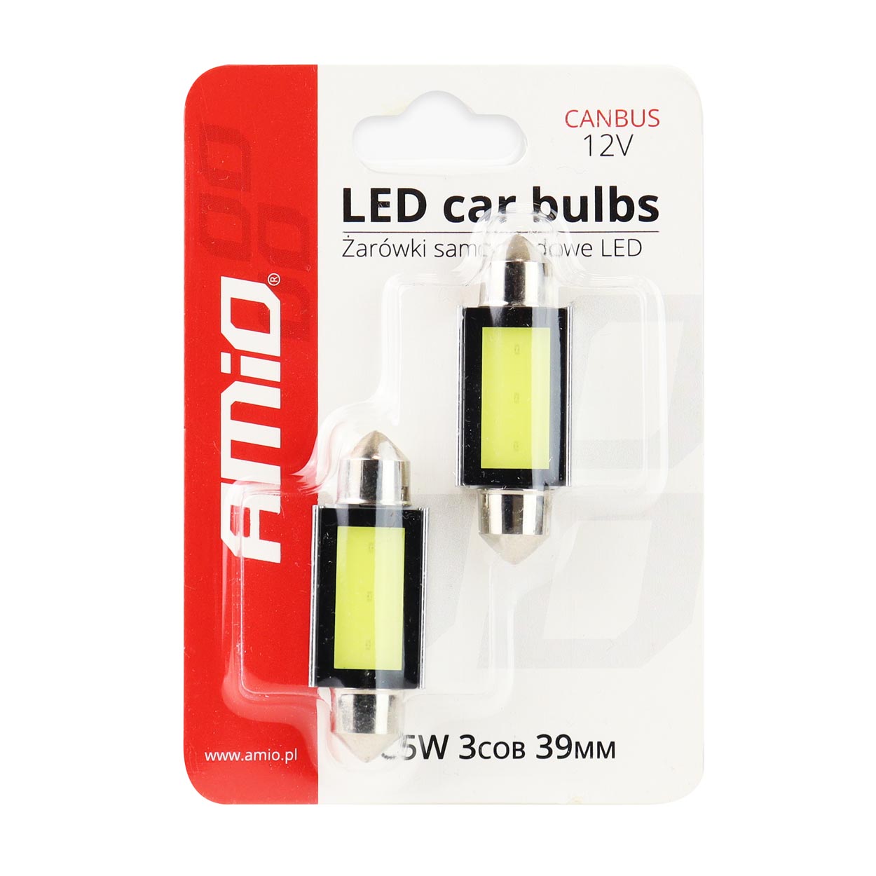 ŻARÓWKI LED AMIO C5W COB3 39MM WHITE 12V CANBUS 