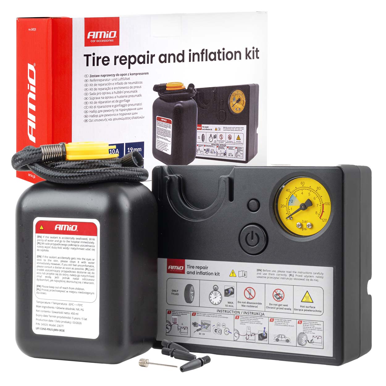 ZESTAW NAPRAWCZY DO OPON Z KOMPRESOREM 19mm 12V AMIO