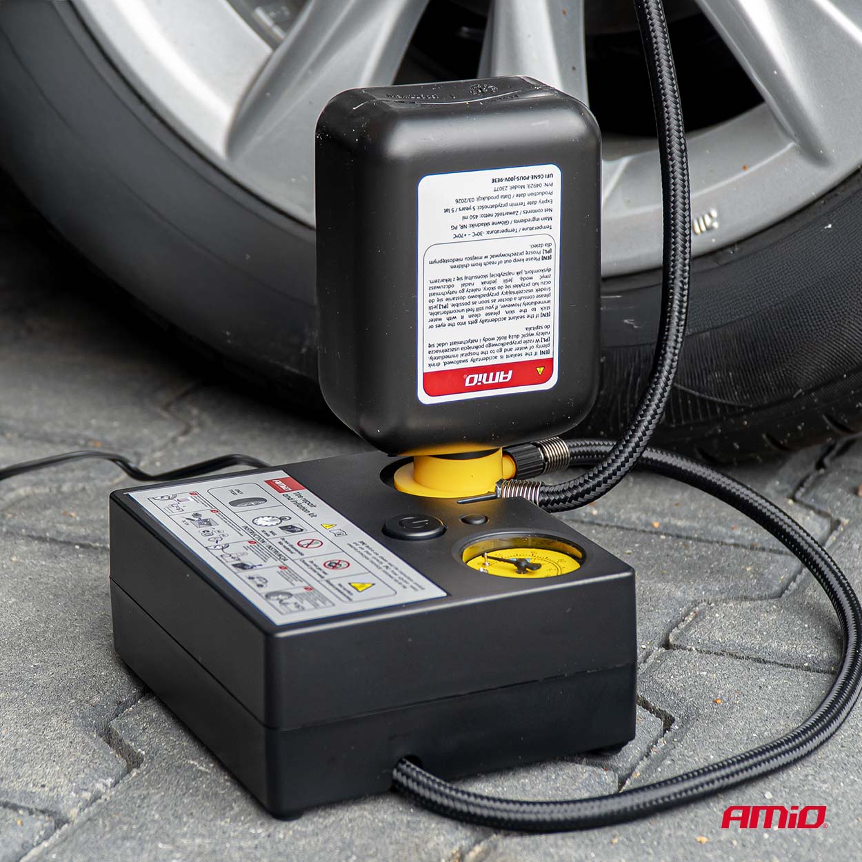 ZESTAW NAPRAWCZY DO OPON Z KOMPRESOREM 19mm 12V AMIO