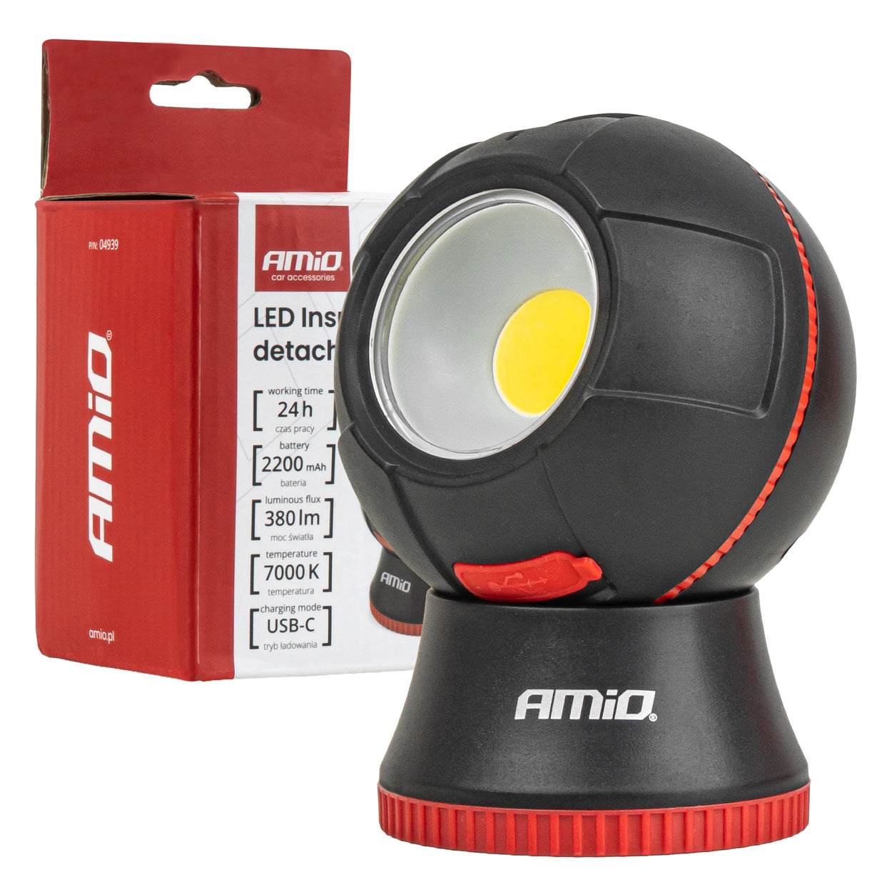 AMIO LAMPA INSPEKCYJNA KULISTA ODPINANA LED 4 W COB 2200 mAh (BATT)
