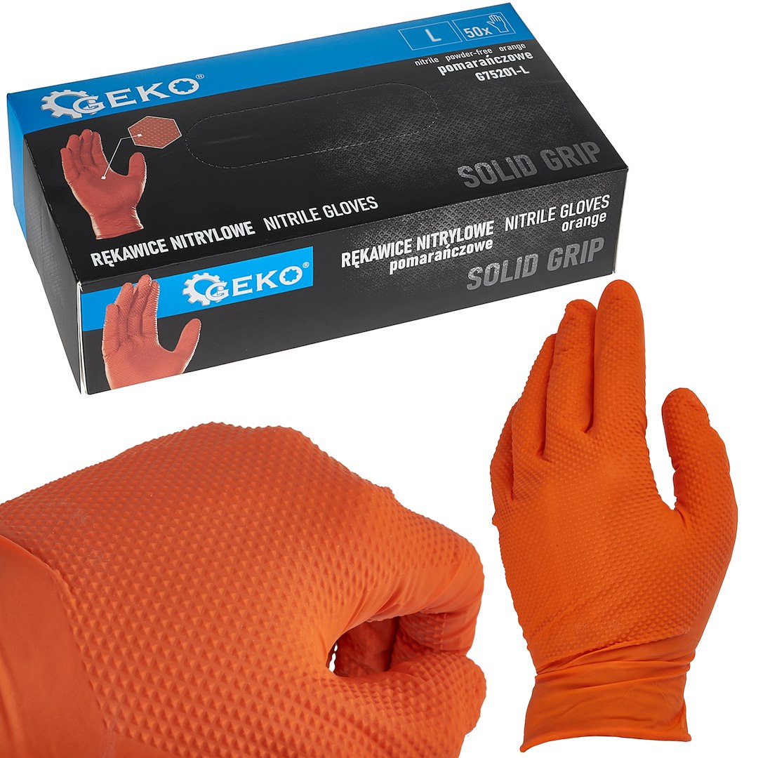 GEKO RĘKAWICE NITRYLOWE SOLID GRIP 50SZT. R. L POMARAŃCZOWE