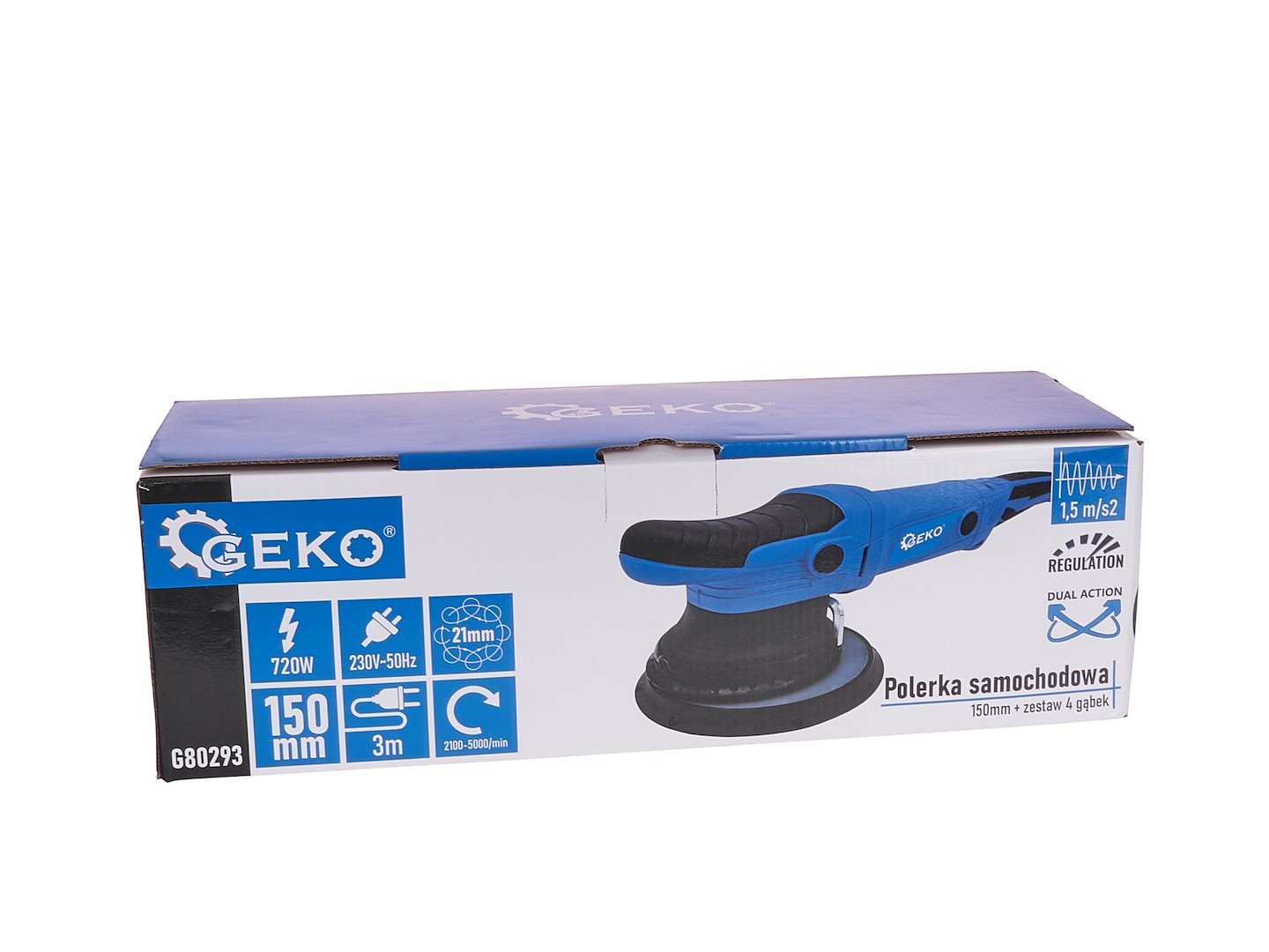 GEKO POLERKA SAMOCHODOWA DUAL ACTION Z REGULACJĄ 150MM  PREMIUM + ZESTAW 4 GĄBEK