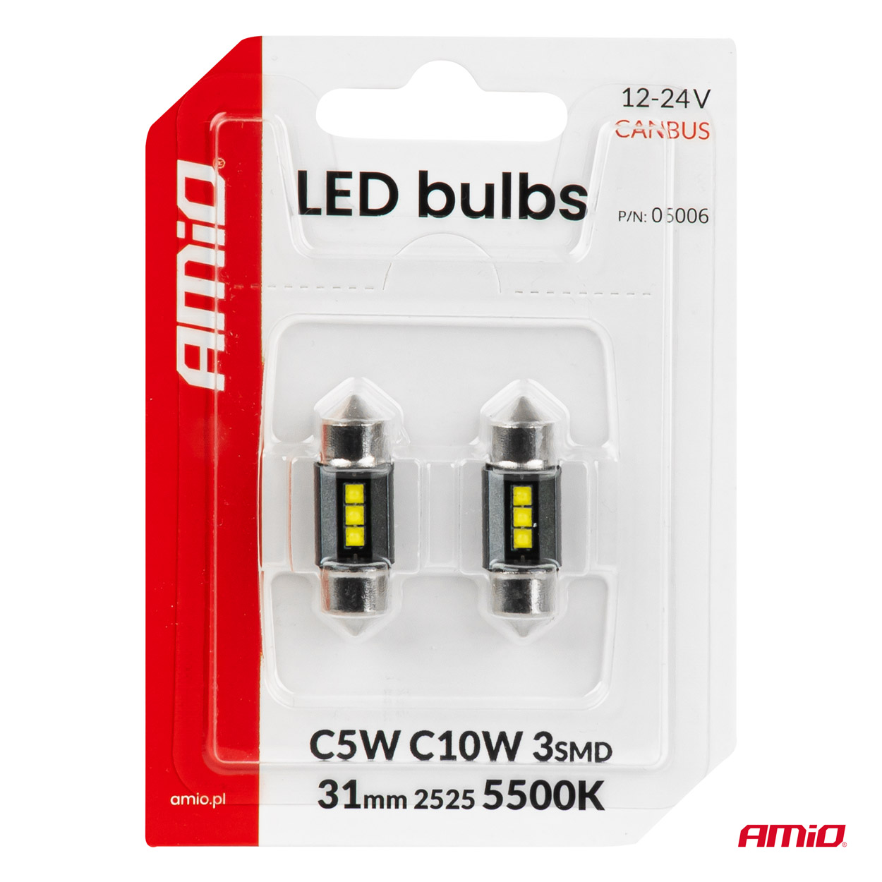 ŻARÓWKI AMIO LED CANBUS 31MM 2525 3SMD WHITE 12/24V