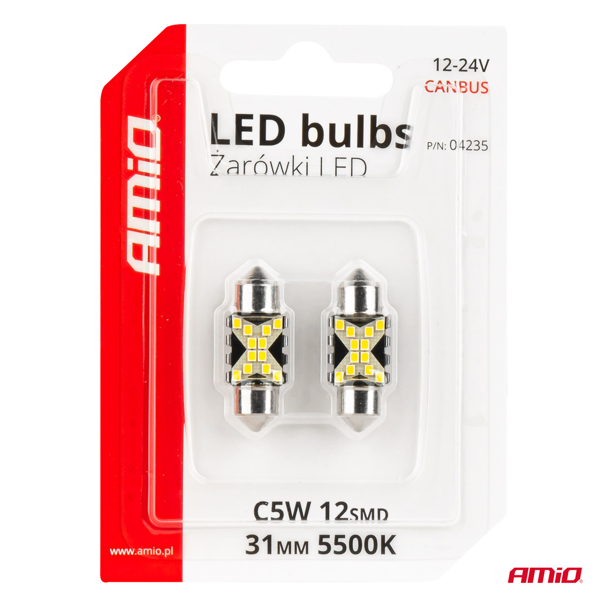ŻARÓWKI AMIO LED CANBUS FESTOON C5W 12SMD 2016 31MM WHITE 12V/24V