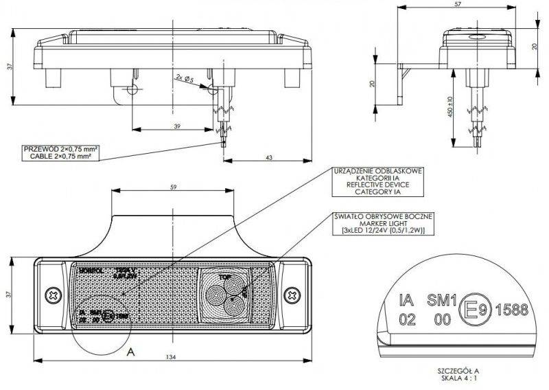 LAMPA OBRYSOWA LED NA WIESZAKU 12/24V ---> ŻÓŁTA