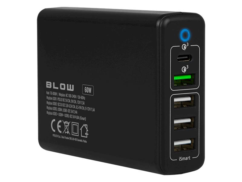 Ładowarka sieciowa gniazdoUSBx5QC3.0 60W 