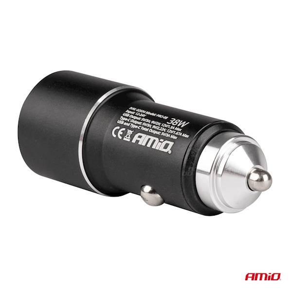 Ładowarka samochodowa aluminiowa PCH PRO-08 USB-C+USB 38W 12/24V