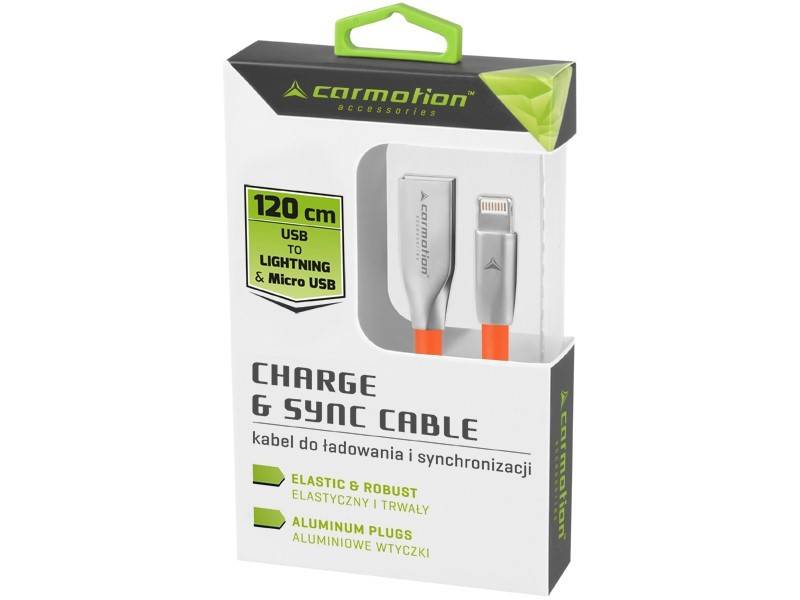 Kabel do ładowania i synchronizacji, 120 cm, USB > zespolone micro USB & Lightning, pomarańczowy