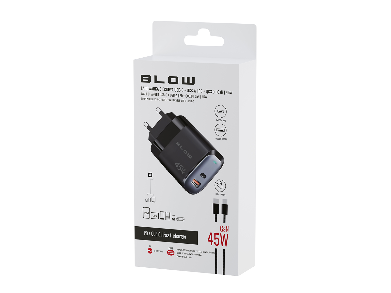 Ładowarka sieciowa USB + USB-C PD 45W + kabel