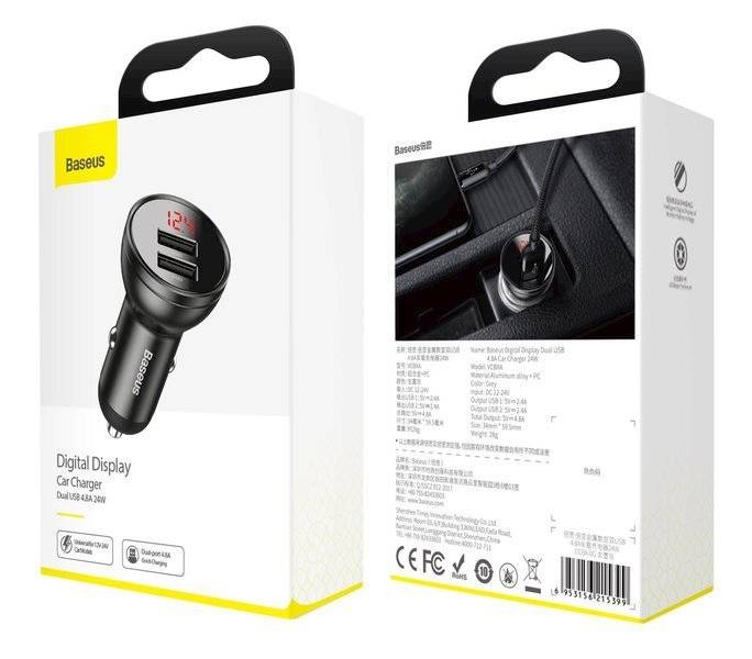 Baseus ładowarka CCBX-0G Digital Display 2x USB 4.8A 24W szary