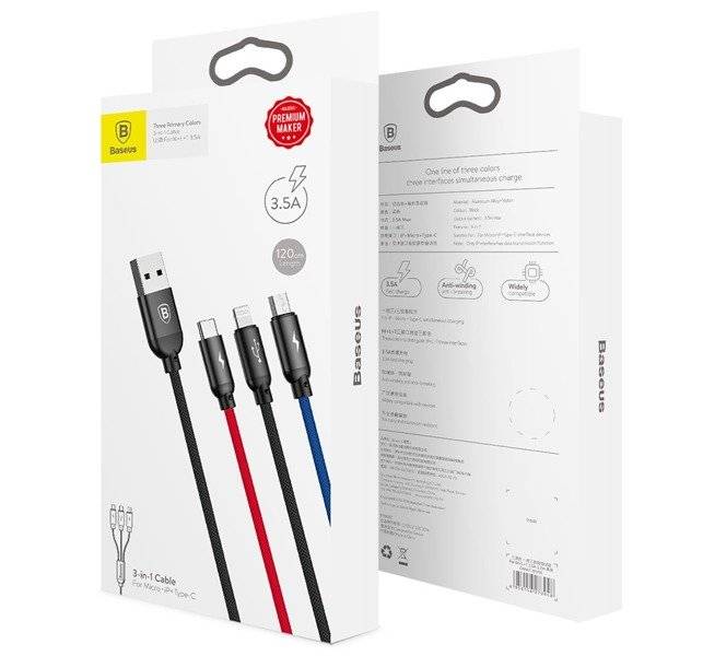 Kabel CAMLT-BSY01 3w1 USB - Lightning IPhone Micro Type-C 3.5A 120cm Baseus Primary