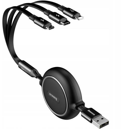 Kabel Baseus CAMLT-JH013w1 Golden Loop zwijany USB - micro USB + Lightning + USB-C 1,2m 3,5A czarny