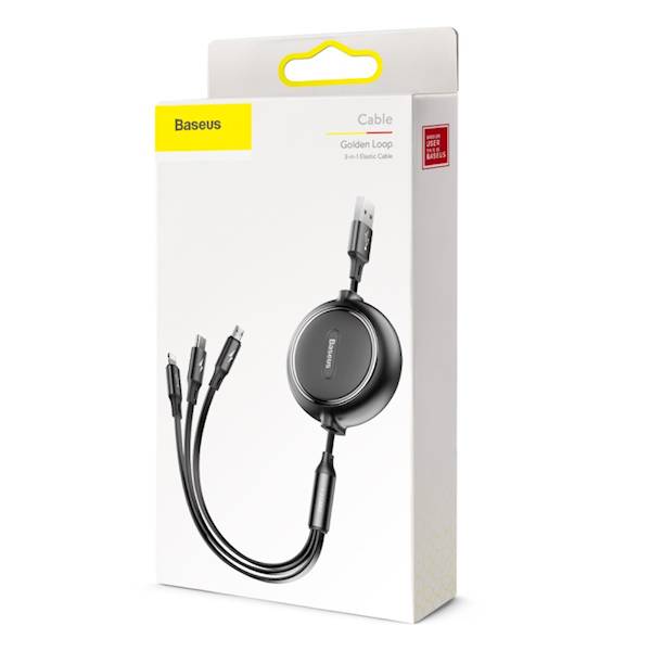 Kabel Baseus CAMLT-JH013w1 Golden Loop zwijany USB - micro USB + Lightning + USB-C 1,2m 3,5A czarny