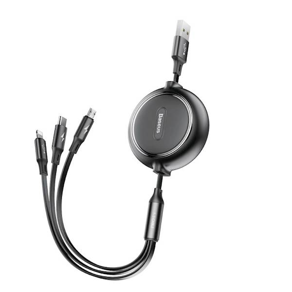 Kabel Baseus CAMLT-JH013w1 Golden Loop zwijany USB - micro USB + Lightning + USB-C 1,2m 3,5A czarny