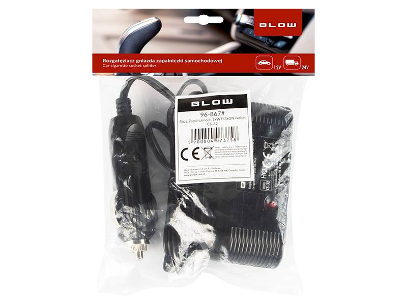 Rozgałęźnik Zapalniczki samochodowej 1xWTYK/3xGNIAZDO+kabel CS-32