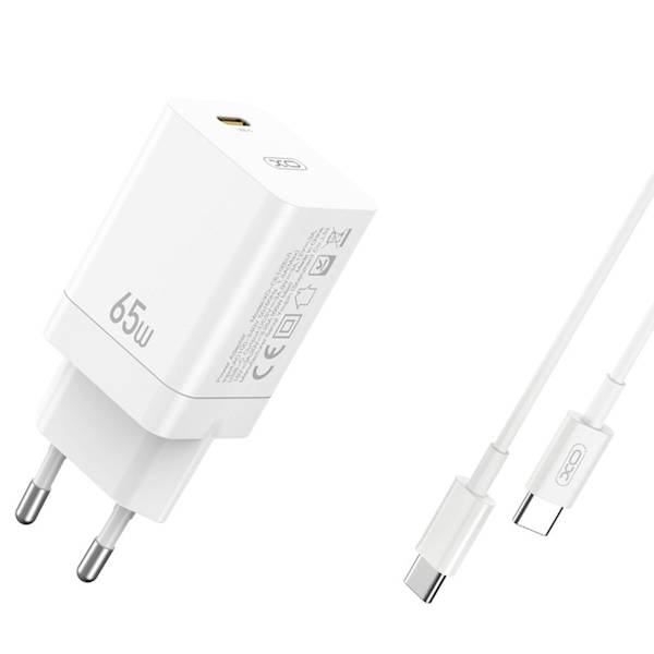 Ładowarka sieciowa CE10 PD 65W 1x USB-C biała + kabel USB-C - USB-C XO