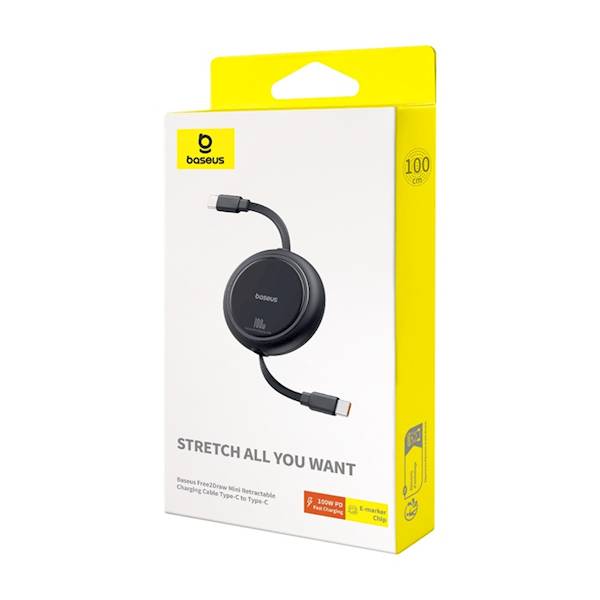 Kabel Baseus P10364500111-00 Free2Draw Mini USB-C - USB-C 1,0m 100W czarny zwijany