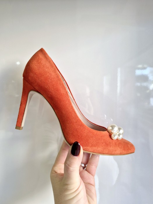 Bravo Moda Szpilki 1629 zamsz czerwony perły