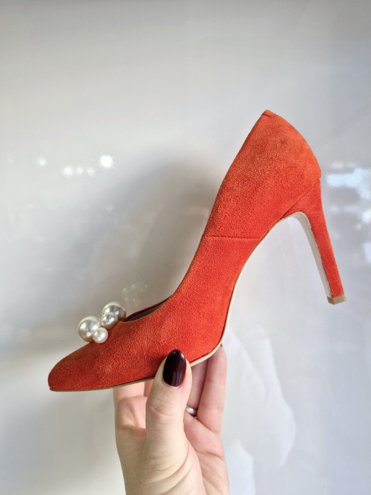 Bravo Moda szpilka 1629 zamsz czerwony perły r37