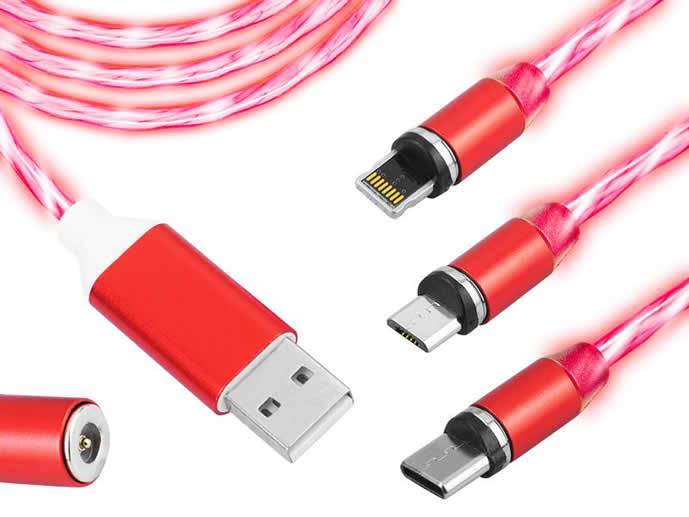 Kabel USB magnetyczny 3w1 podświetlenie (czerwony)