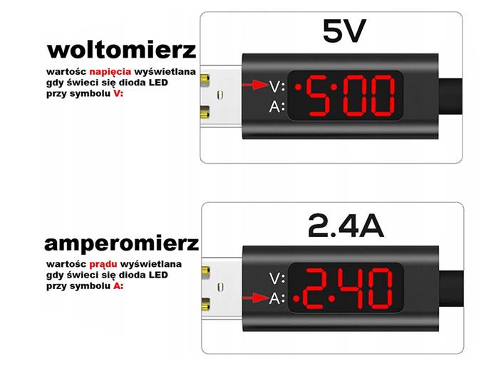 Przewód USB typ C woltomierzem i amperomierzem 1m 