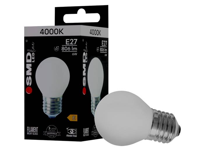 Żarówka LED E27 6W Kulka b.ciepły biała filament