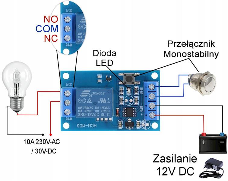 Moduł 1-kanałowy przekaźnik 12V 10A bistabilny