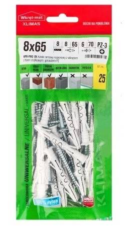 Kołki ramowe rozporowe z wkrętem z łbem stożkowym i gniazdem PZ  8 mm x 65 mm KPR-PIKE worek 25 szt. WKRĘT-MET