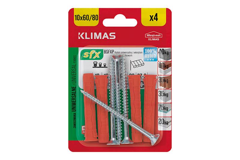 Kołki uniwersalne rozporowe z wkrętem z łbem stożkowym BSFXP 10 mm x 60/80 mm blister 4 szt. WKRĘT-MET
