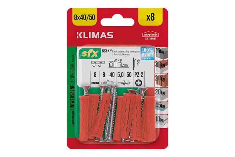 Kołki uniwersalne rozporowe z wkrętem z łbem stożkowym BSFXP 8 mm x 40/50 mm blister 8 szt. WKRĘT-MET