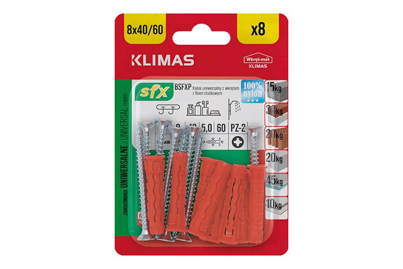 Kołki uniwersalne rozporowe z wkrętem z łbem stożkowym BSFXP 8 mm x 40/60 mm blister 8 szt. WKRĘT-MET